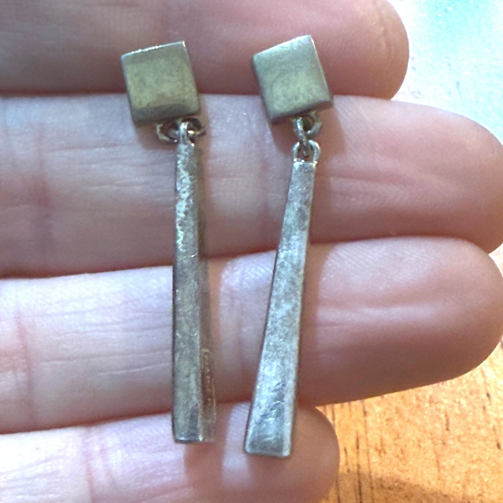 Vintage Napier Silver Tone Geometric Square Bar Drop Dangle Post Earrings 1.5in